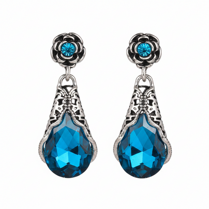 Blue Crystal & Cubic Zirconia Silvertone Rose Drop Earrings