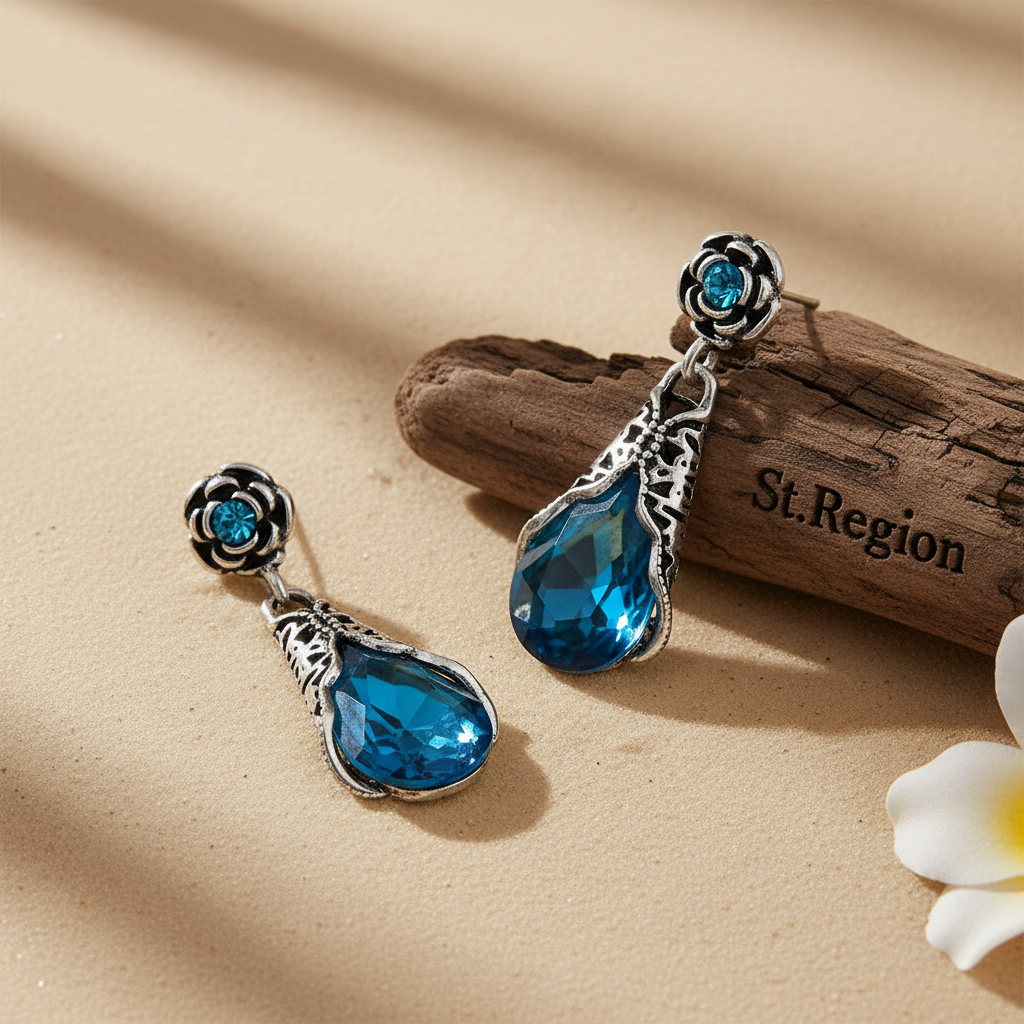 Blue Crystal & Cubic Zirconia Silvertone Rose Drop Earrings