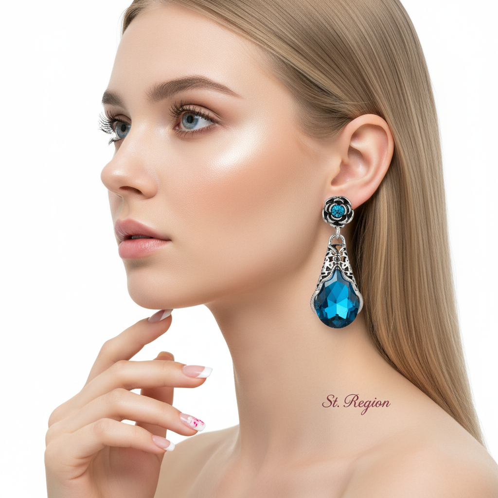 Blue Crystal & Cubic Zirconia Silvertone Rose Drop Earrings