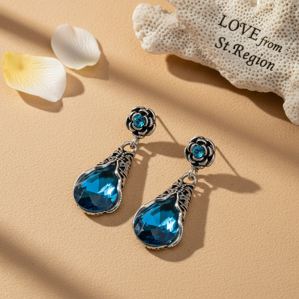 Blue Crystal & Cubic Zirconia Silvertone Rose Drop Earrings
