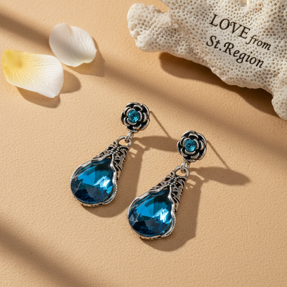 Blue Crystal & Cubic Zirconia Silvertone Rose Drop Earrings