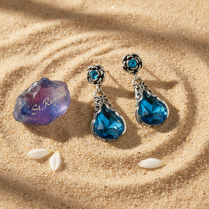 Blue Crystal & Cubic Zirconia Silvertone Rose Drop Earrings