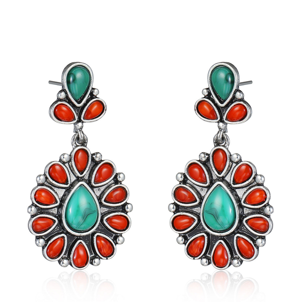 Red Resin & Turquoise Silvertone Oval Drop Earrings