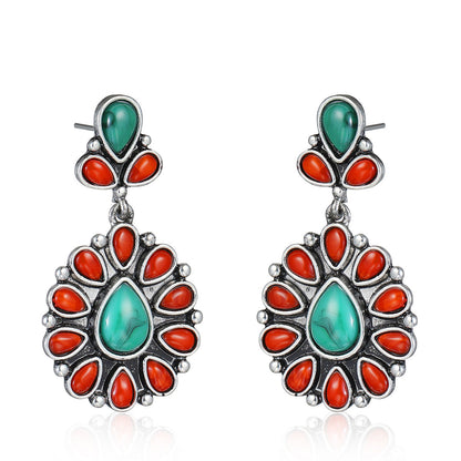 Red Resin & Turquoise Silvertone Oval Drop Earrings