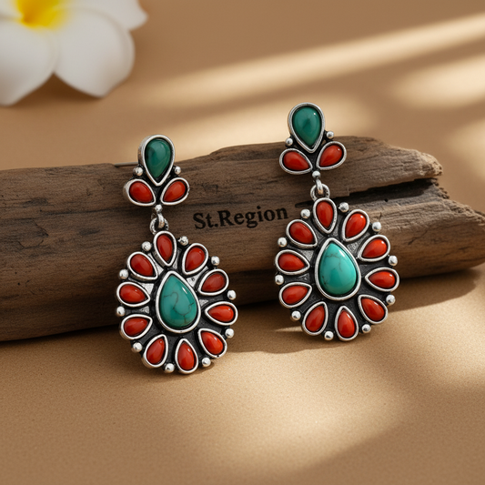 Red Resin & Turquoise Silvertone Oval Drop Earrings