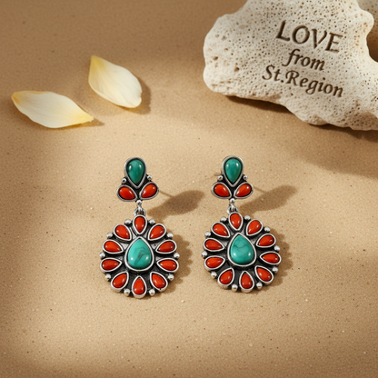 Red Resin & Turquoise Silvertone Oval Drop Earrings