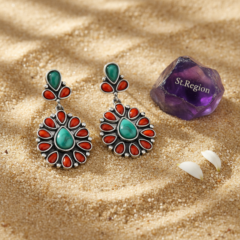 Red Resin & Turquoise Silvertone Oval Drop Earrings