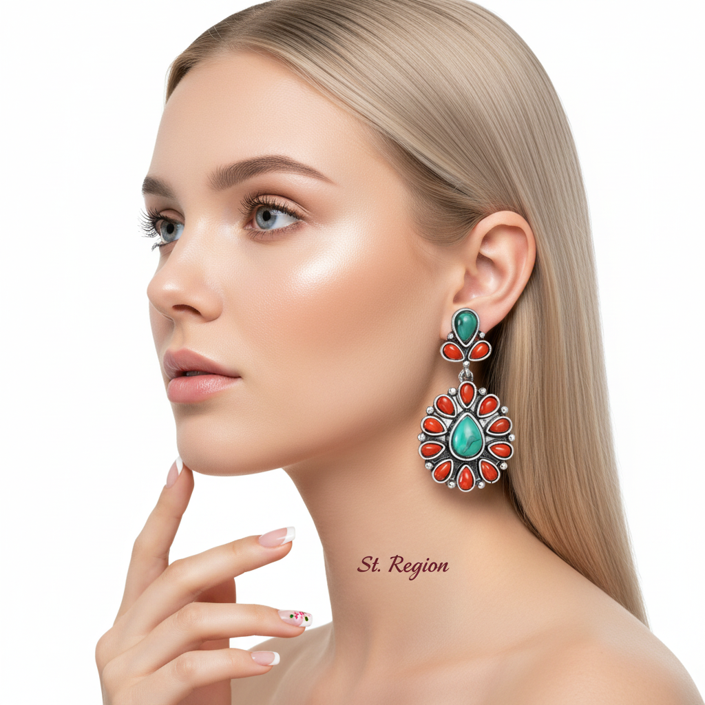 Red Resin & Turquoise Silvertone Oval Drop Earrings
