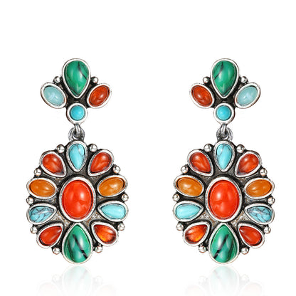 Orange Resin & Turquoise Silvertone Oval Drop Earrings