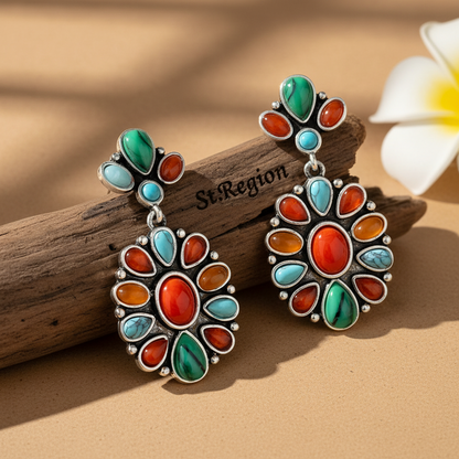 Orange Resin & Turquoise Silvertone Oval Drop Earrings