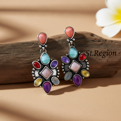Multicolor Quartz & Silvertone Geometric Drop Earrings