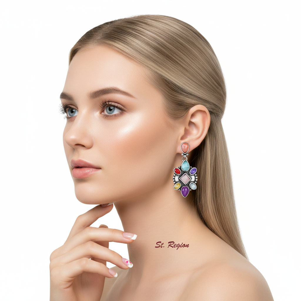 Multicolor Quartz & Silvertone Geometric Drop Earrings