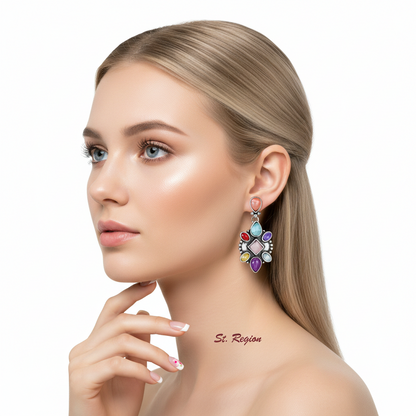Multicolor Quartz & Silvertone Geometric Drop Earrings