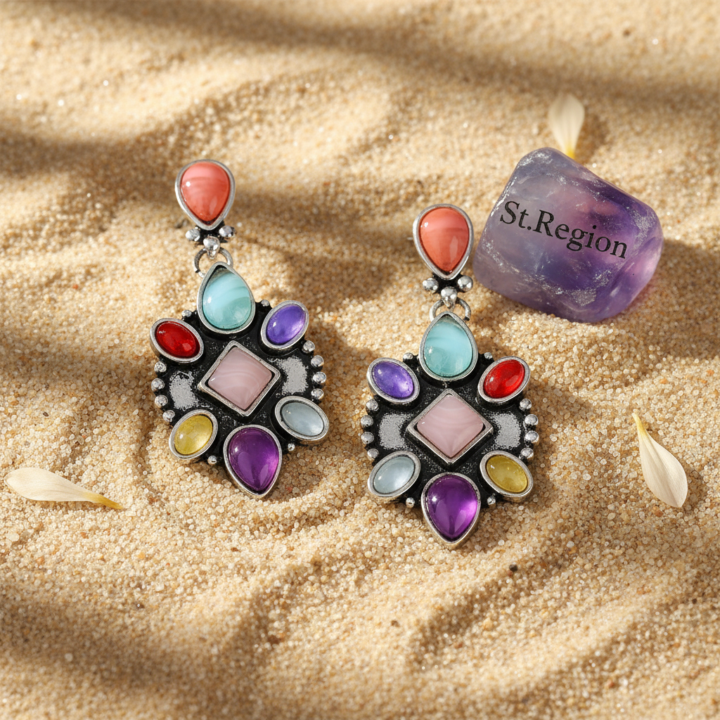 Multicolor Quartz & Silvertone Geometric Drop Earrings