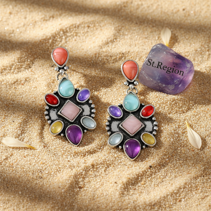 Multicolor Quartz & Silvertone Geometric Drop Earrings