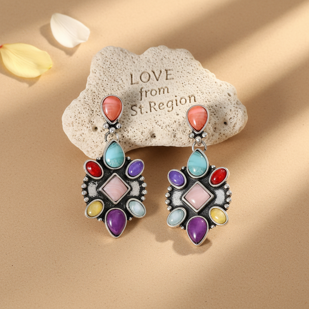 Multicolor Quartz & Silvertone Geometric Drop Earrings