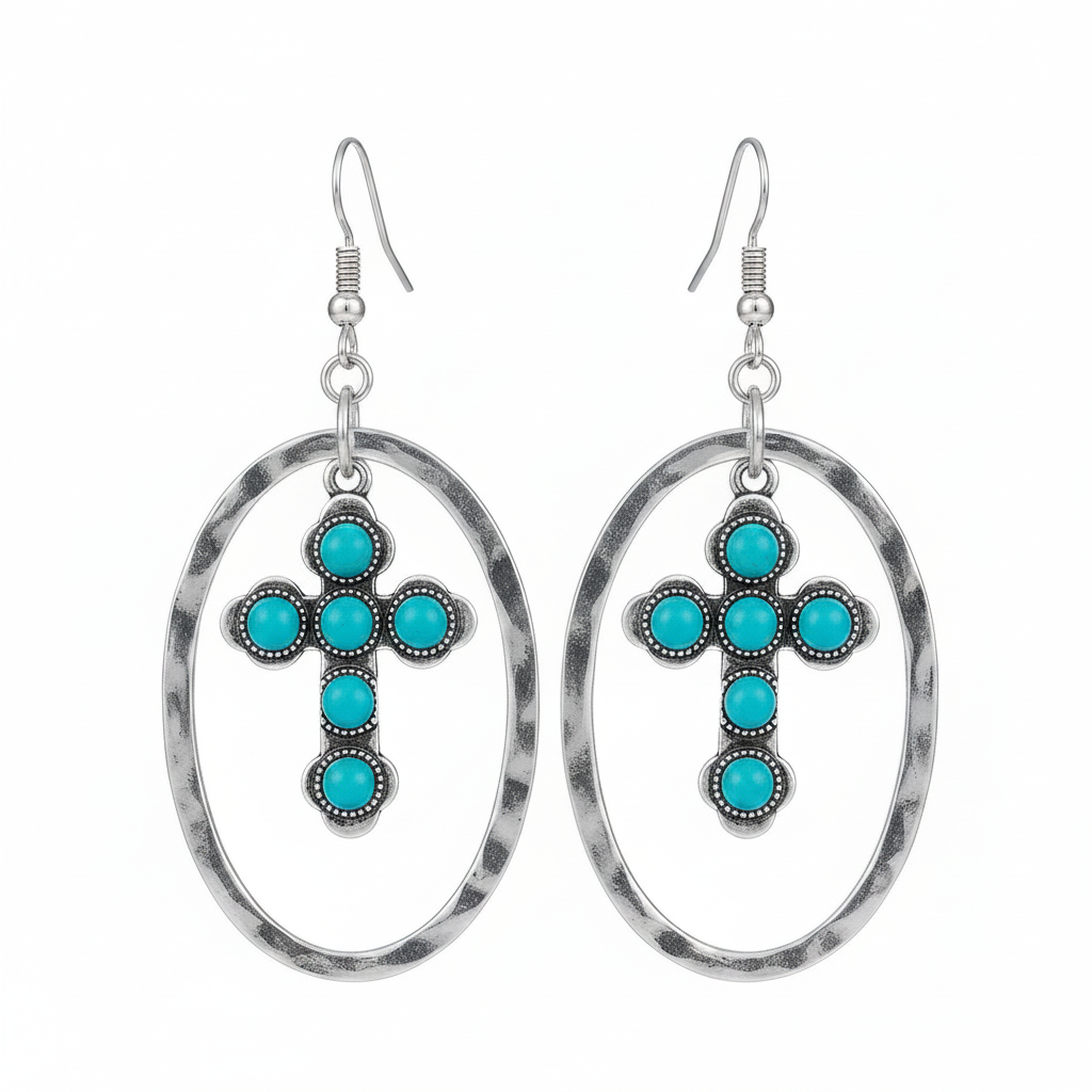 Turquoise & Silvertone Oval Cross Drop Earrings