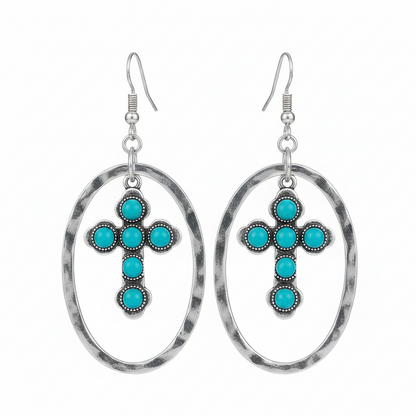 Turquoise & Silvertone Oval Cross Drop Earrings
