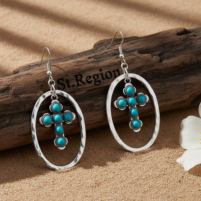 Turquoise & Silvertone Oval Cross Drop Earrings