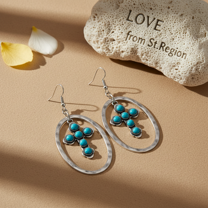 Turquoise & Silvertone Oval Cross Drop Earrings