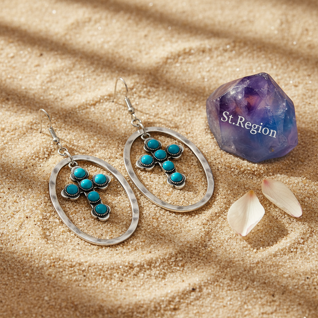 Turquoise & Silvertone Oval Cross Drop Earrings
