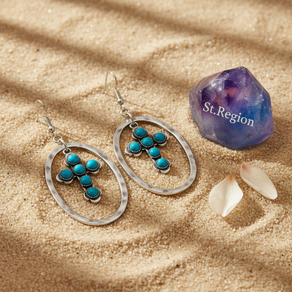 Turquoise & Silvertone Oval Cross Drop Earrings