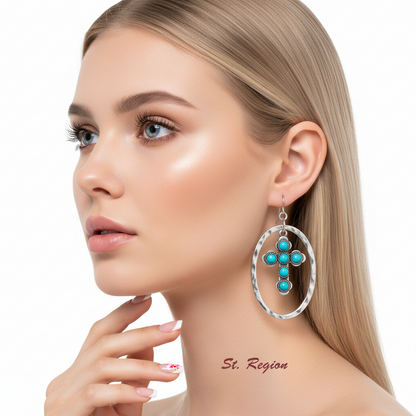 Turquoise & Silvertone Oval Cross Drop Earrings
