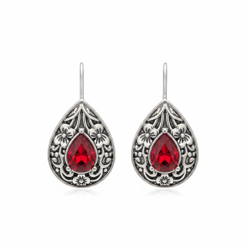 Red Crystal & Silvertone Flower Drop Earrings