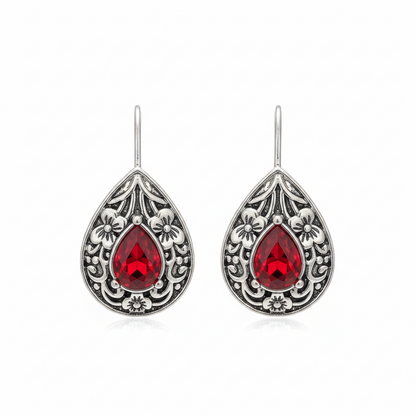 Red Crystal & Silvertone Flower Drop Earrings
