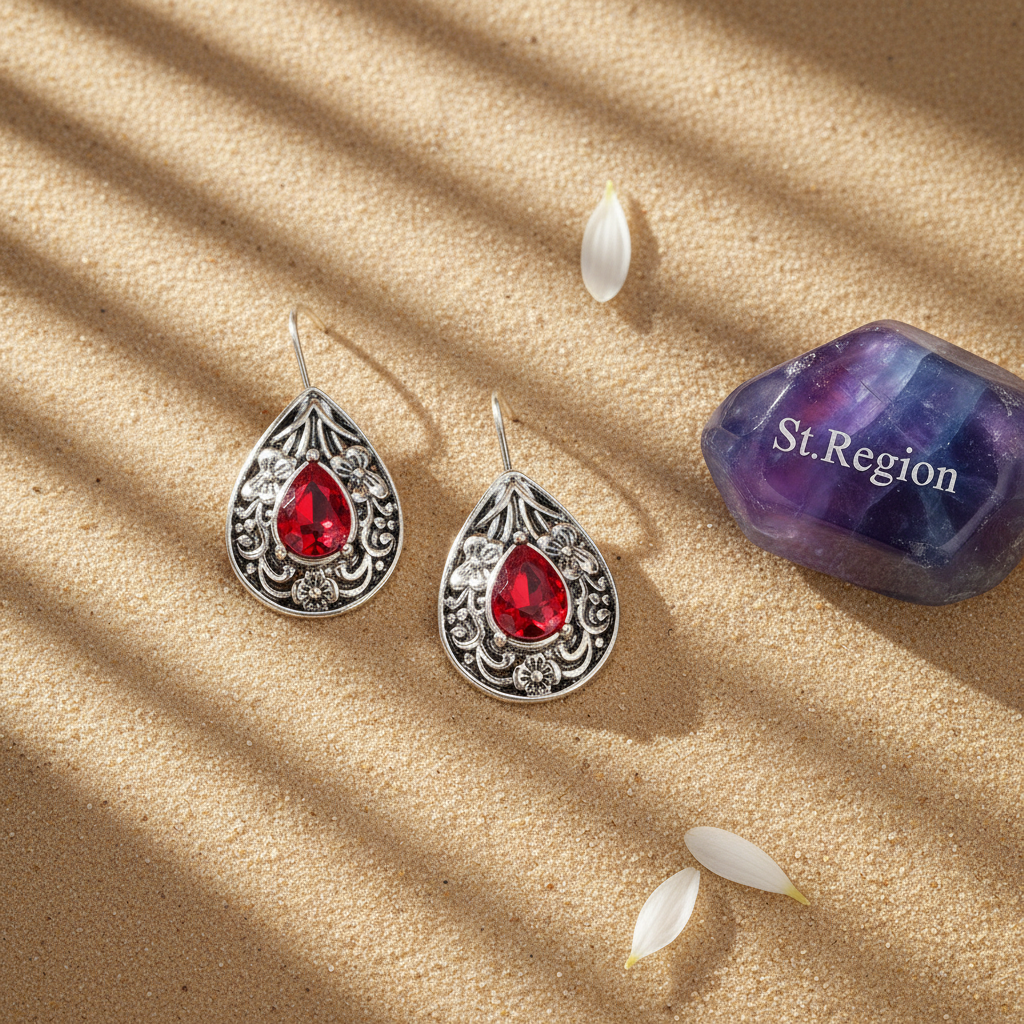 Red Crystal & Silvertone Flower Drop Earrings