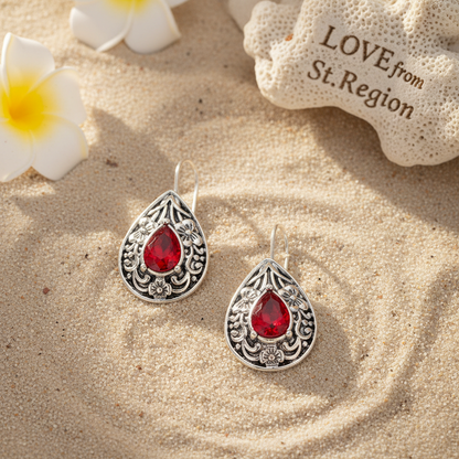 Red Crystal & Silvertone Flower Drop Earrings
