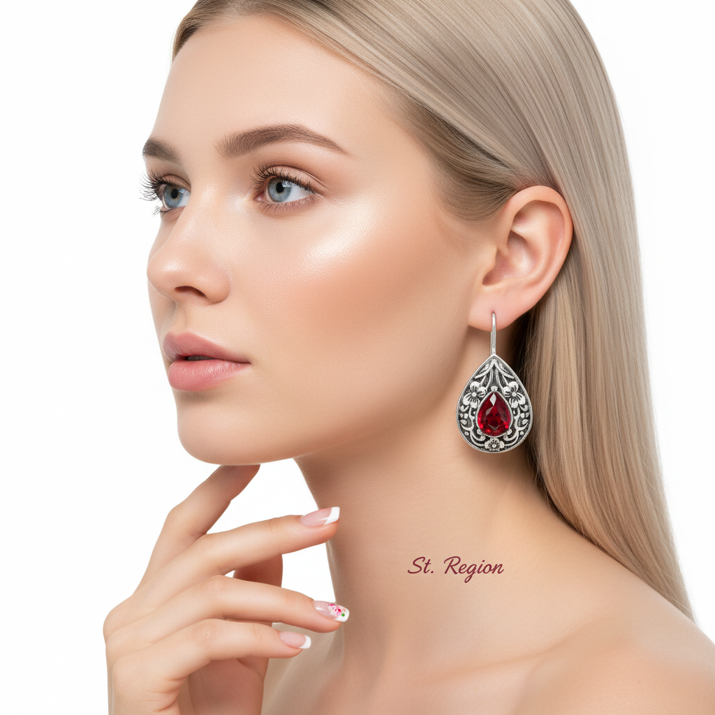 Red Crystal & Silvertone Flower Drop Earrings