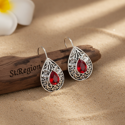 Red Crystal & Silvertone Flower Drop Earrings