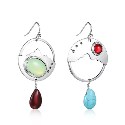 Turquoise & Quartz Silvertone Oval Dangle Drop Earrings