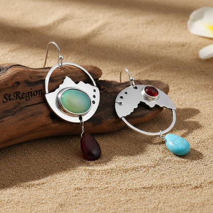 Turquoise & Quartz Silvertone Oval Dangle Drop Earrings