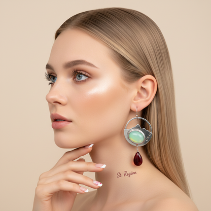 Turquoise & Quartz Silvertone Oval Dangle Drop Earrings