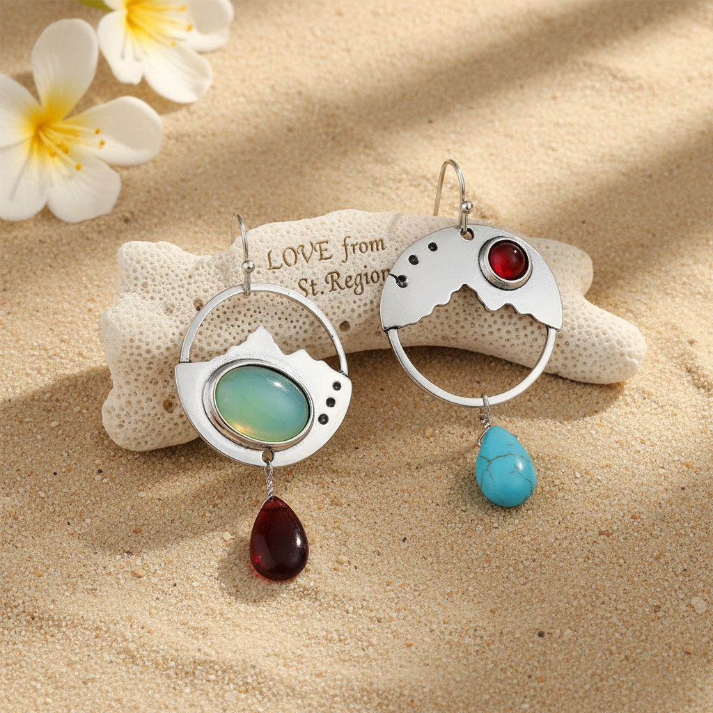 Turquoise & Quartz Silvertone Oval Dangle Drop Earrings