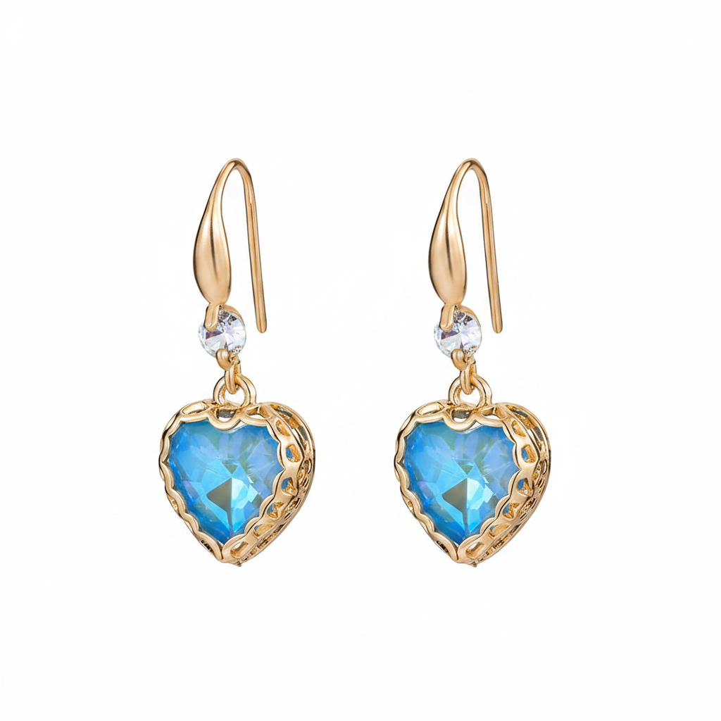 Blue Iridescent Crystal & Cubic Zirconia Goldtone Heart Hook Earrings