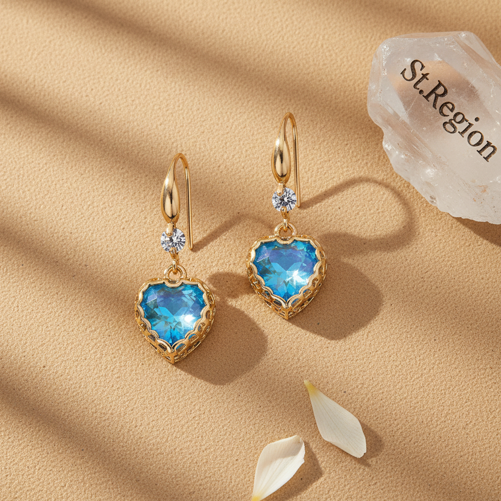 Blue Iridescent Crystal & Cubic Zirconia Goldtone Heart Hook Earrings