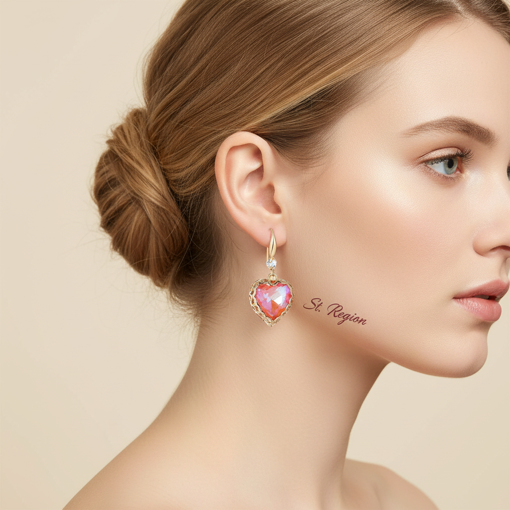 Orange Iridescent Crystal & Cubic Zirconia Goldtone Heart Hook Earrings