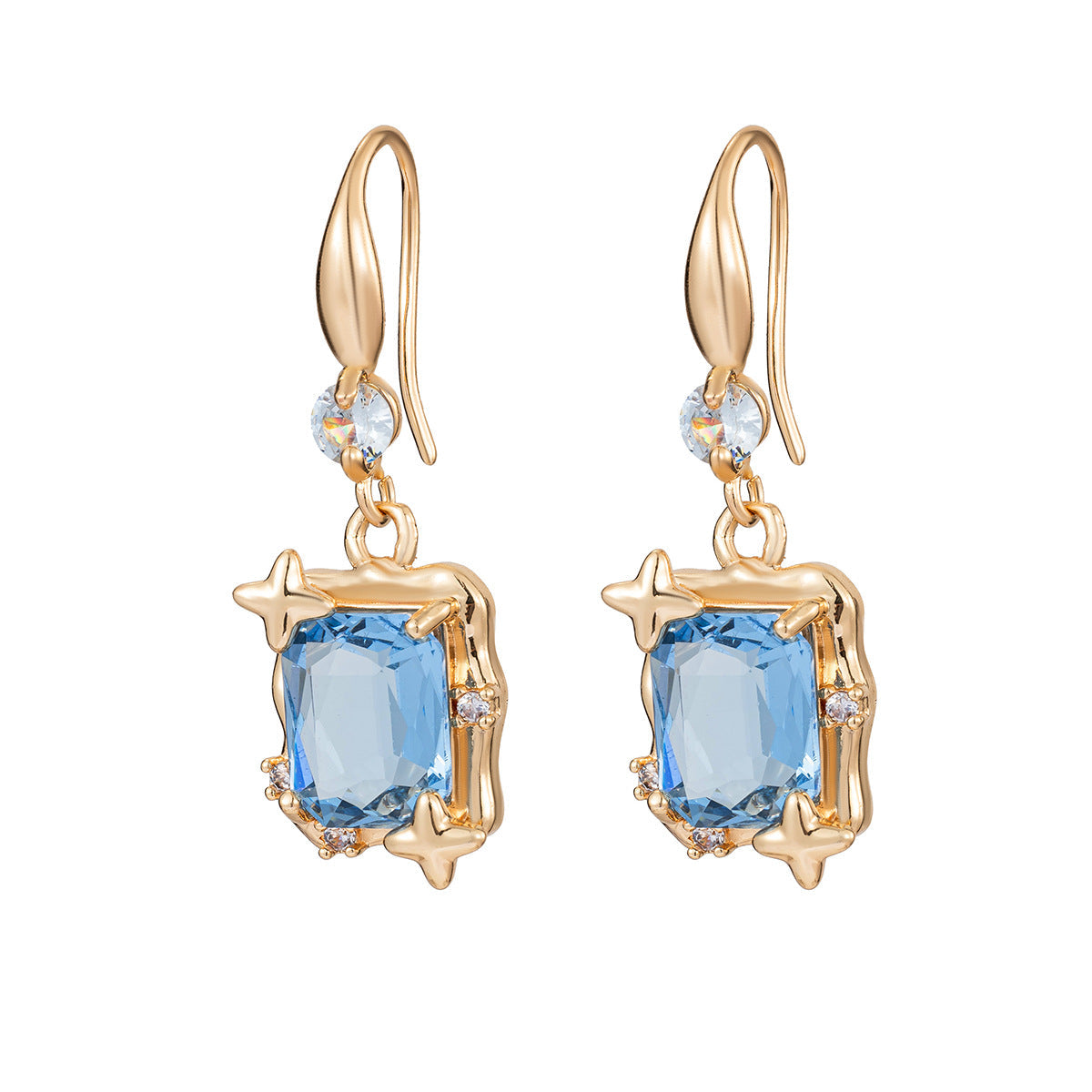 Blue Topaz & Cubic Zirconia Goldtone Cushion-Cut Star Hook Earrings