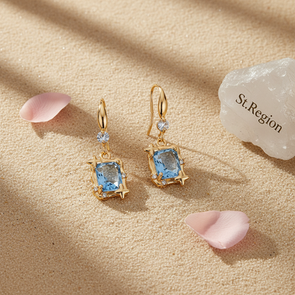 Blue Topaz & Cubic Zirconia Goldtone Cushion-Cut Star Hook Earrings