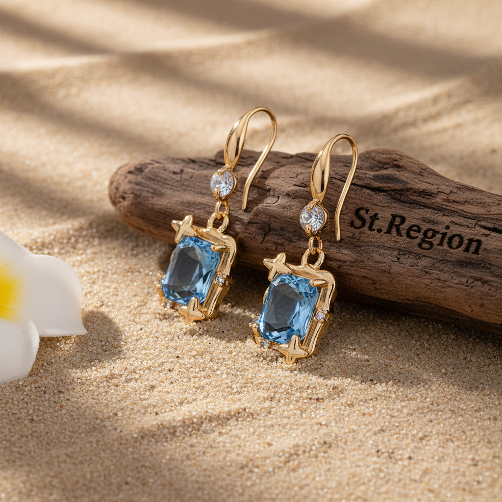 Blue Topaz & Cubic Zirconia Goldtone Cushion-Cut Star Hook Earrings