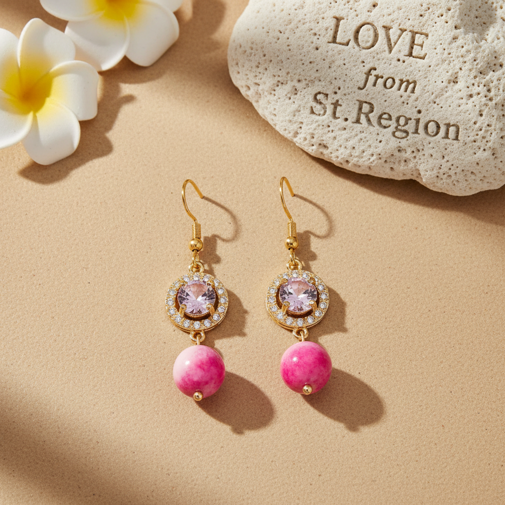 Pink Quartz & Crystal Cubic Zirconia Goldtone Ball Hook Earrings