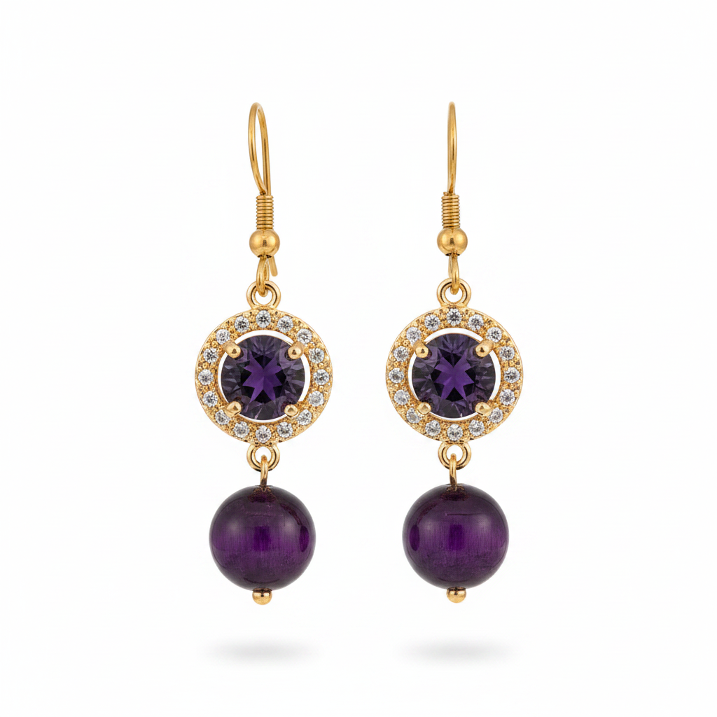 Purple Quartz & Crystal Cubic Zirconia Goldtone Ball Hook Earrings