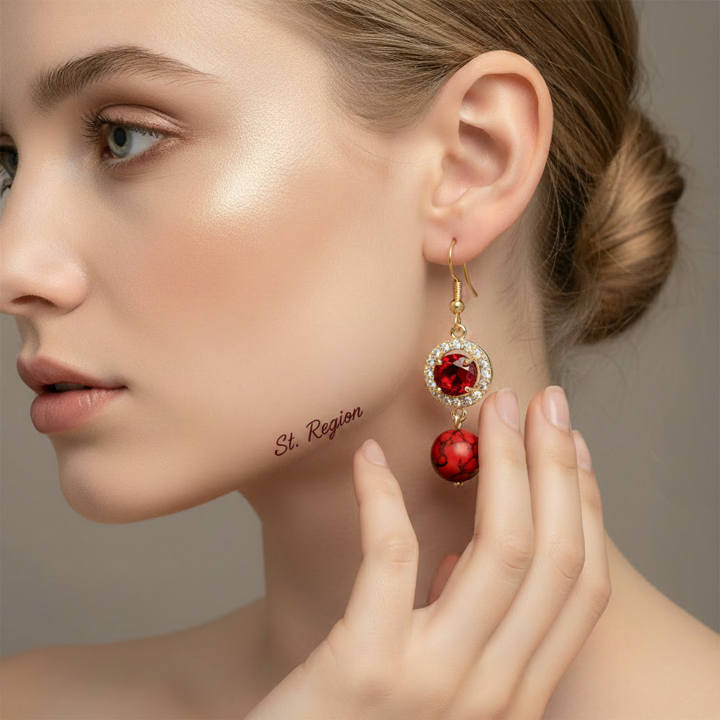 Red Turqouise & Crystal Cubic Zirconia Goldtone Ball Hook Earrings