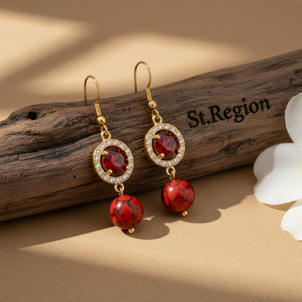 Red Turqouise & Crystal Cubic Zirconia Goldtone Ball Hook Earrings