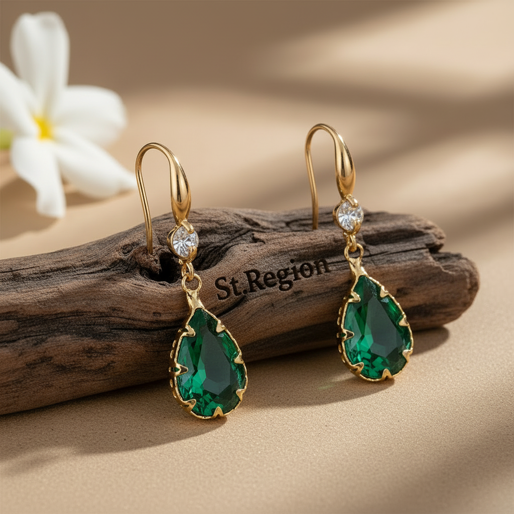 Green Crystal & Cubic Zirconia Goldtone Teardrop Hook Earrings