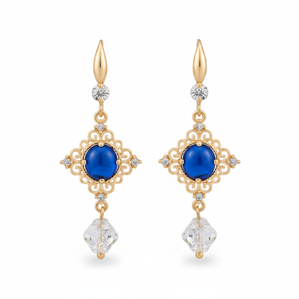 Blue Quartz & Crystal Cubic Zirconia Goldtone Rhombus Hook Earrings
