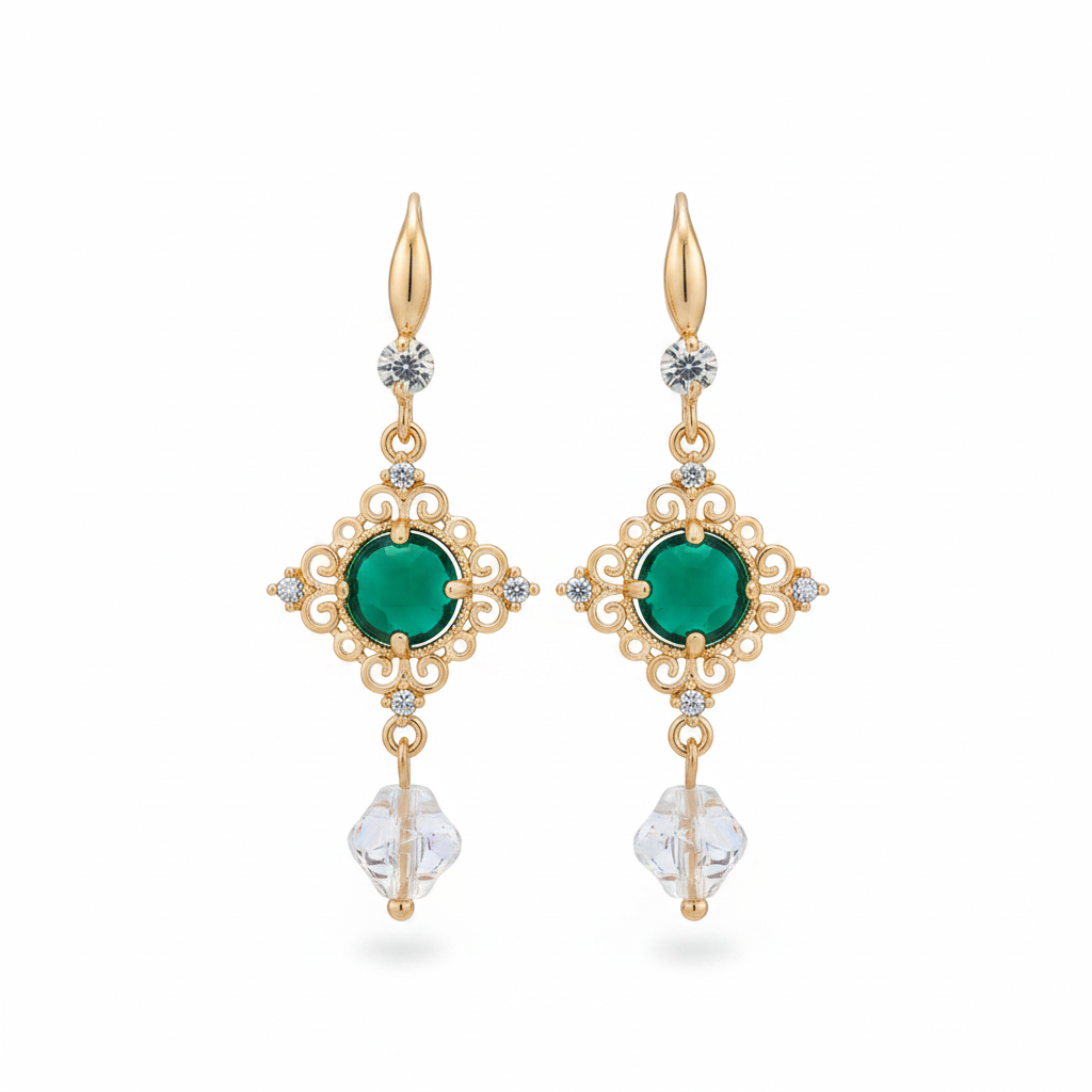 Green Quartz & Crystal Cubic Zirconia Goldtone Rhombus Hook Earrings
